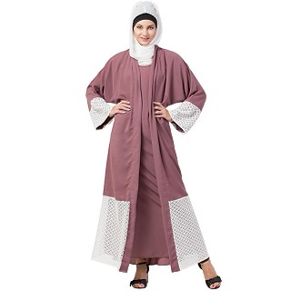 Double layered abaya with embroidered fabric- Pink-White